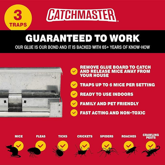 Catchmaster Multi-Catch Mini Mouse Trap 6-Pack, Humane Mouse Traps Indoor for Home, Includes Replaceable Glue Board, Live Catch Pest Control for Garage & Shed