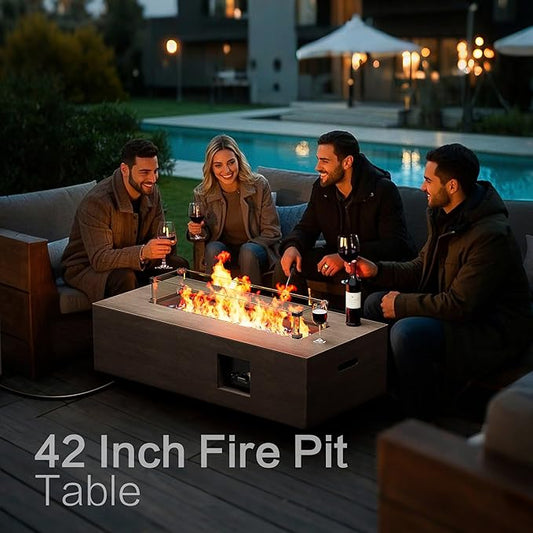 42" Outdoor Fire Pit Table, 50,000 BTU Gas Fire Pit with Glass Wind Guard, Fire Stones, Waterproof Cover, Propane Fire Pit Table for Outside Patio (Brown)