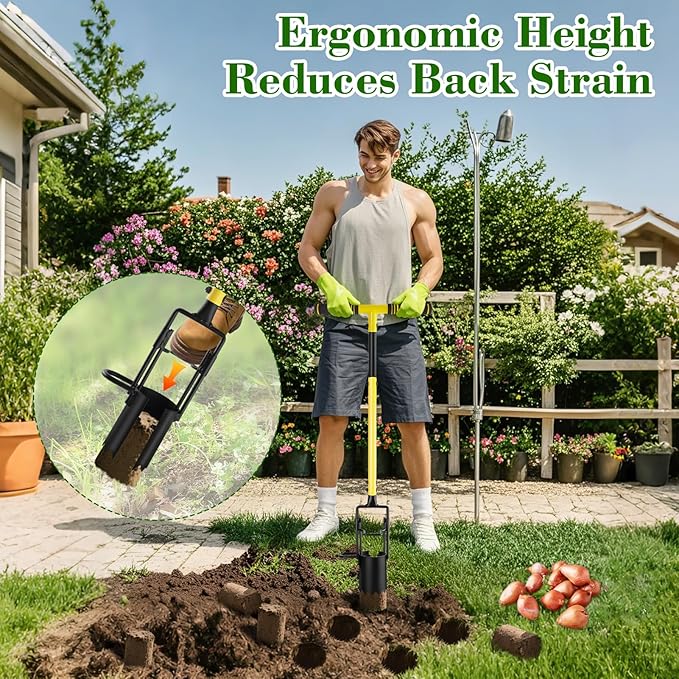 Bulb Planter Tool Long Handle, Plant Hole Digger with Soft Grip and Serrated Base, Heavy Duty 5-in-1 Sod Lawn Grass Plugger Tool Planting Digger Garden Transplanter for Tulips Iris Flower