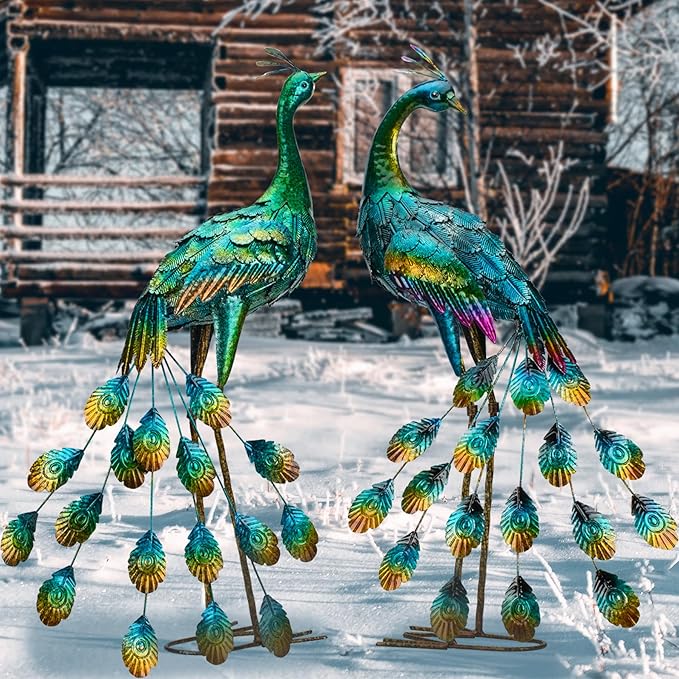 Kircust Metal Peacock Sculptures - Set of 2 Outdoor Garden Yard Art, Durable Weather-Resistant Lawn Statues, Hand-Painted, 30.7" H - Ideal for Backyard, Patio, and Porch Decor