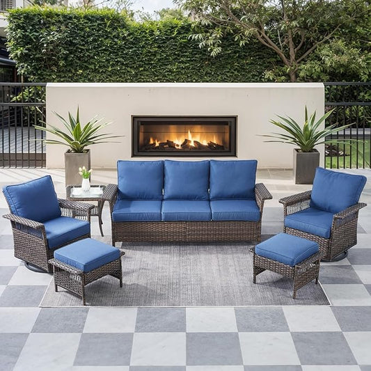 6 Pieces Wicker Patio Furniture Set - Hollow Widen Armrests Outdoor Swivel Glider Chairs and 3 Seat Sofa with Coffee Table & Ottomans for Balcony Porch Deck and Yard - Brown/Blue