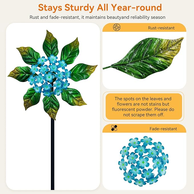 Solar Glow Garden Wind Spinner Outdoor, 13" W Flower Metal Wind Spinner & Sculptures with Fluorescent Coating, Kinetic Windmill for Yard Lawn Patio Decor, Blue