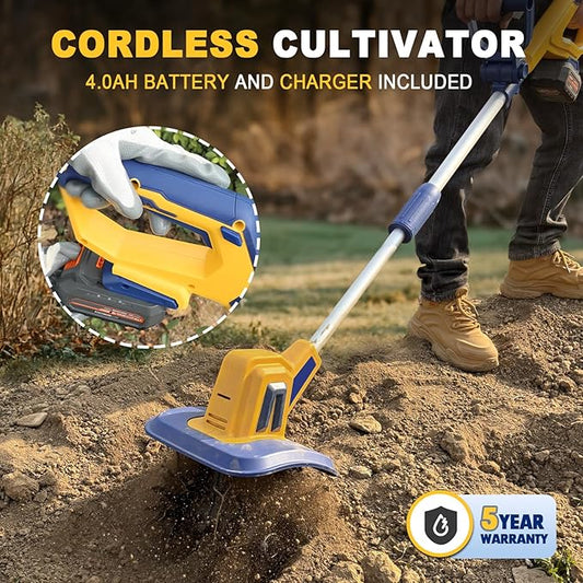 Cordless Tiller Cultivator Compatible with Dewalt 20V Battery, Electric Garden Rototiller w/270 RPM, 48 Steel Tines, 8.7" Tilling Width, 6.3" Depth, Portable Rotary Tiller, 4.0Ah Battery Included