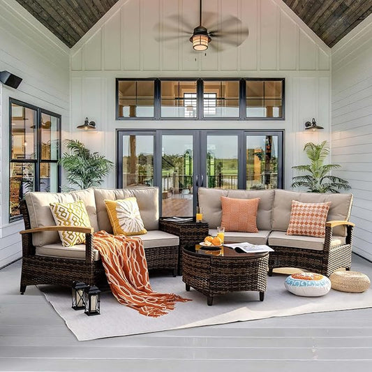 MEISSALIVVE 6 Piece Outdoor Patio Furniture Set, Half-Moon Curved Sectional Set with Wood Armrests, Patio Conversation Set, Tempered Glass Coffee & Side Tables (Brown)