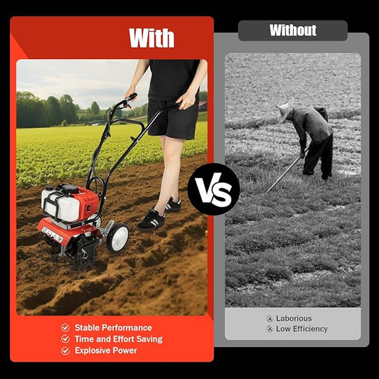 Garden Tiller Cultivator,52CC 2-Stroke Gas Powered Engine Rototiller Garden Tool with Widened Mud Flap Cordless with Long Handle Strong Power Garden Cultivator for Plowing Turning Soil Ditching