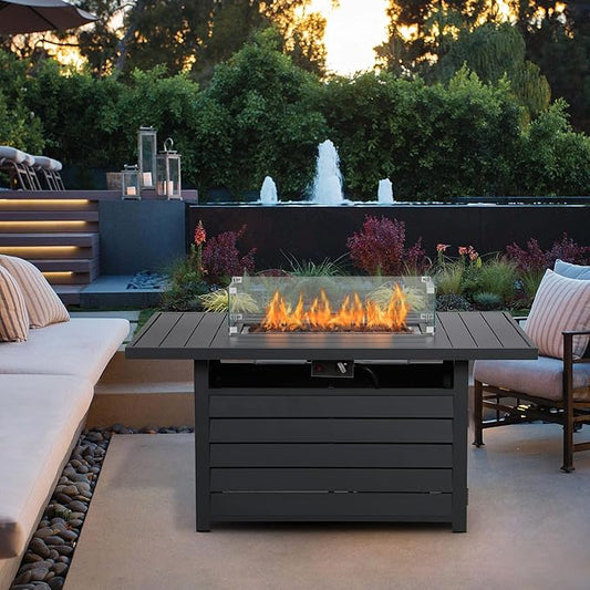 Wisteria Lane 54.3” Outdoor Patio Aluminum Fire Pit Table, 50000 BTU CSA Certified Propane Gas Fire Pit, Rectangular Fire Table w/Stainless Burner, Lava Rock, Waterproof Cover
