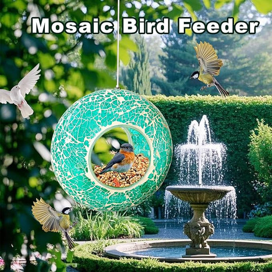 Mosaic Bird Feeder, Outside Hanging with Round Shape Glass BirdFeeders to Attract More Wild Birds, Mosaic Fly Through for Garden, Yard, Backyard, Deck and Porch Decor, Blue 7-Inch