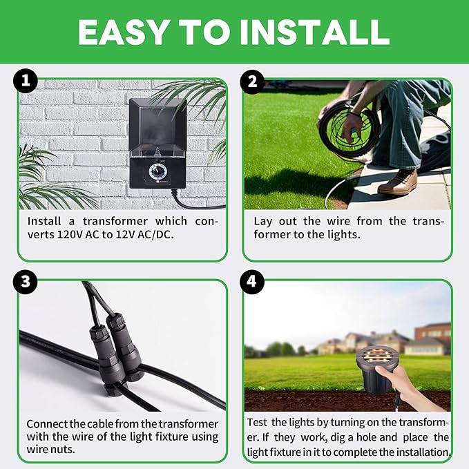 Landscape Well Lights Kit, 4 Pack LED Low Voltage Ground Lights and 100W Transformer and 100FT Cable and 20 Wire Connectors, 12V IP67 Waterproof Aluminum for Sidewalk Driveway Path