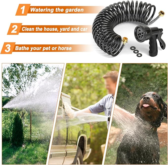 GASHER 25FT x 3/8" Coil Garden Hose, Expandable Garden Hose with 3/4" Brass Connector, Watering Hose Includes 8 Patterns Spray Nozzle for Outdoors Lawn Watering Car Washing