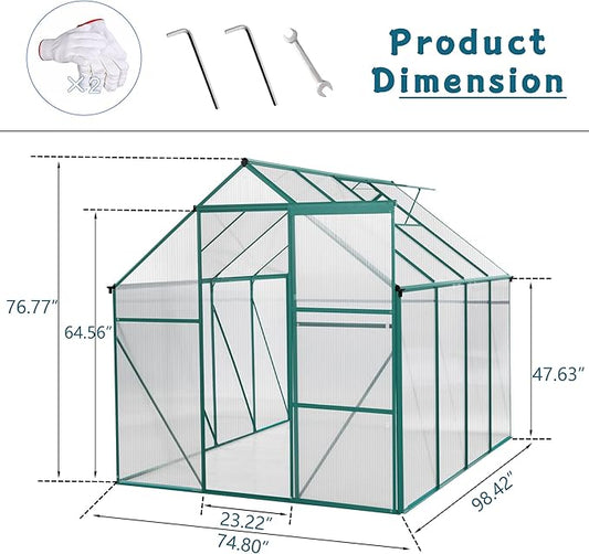 6x8 FT Polycarbonate Greenhouse with Sliding Door and Adjustable Roof, Heavy Duty Aluminum Walk-in Greenhouses w/ Raised Base for Outdoor Garden Backyard,Green