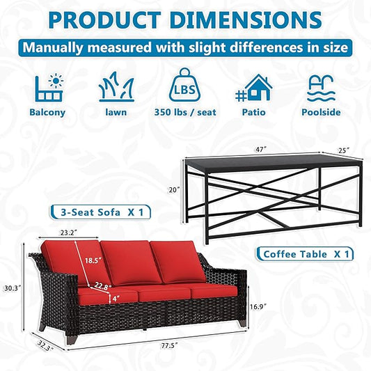 Vista Vibe 2 Pieces Outdoor Patio Conversation Furniture Set - 78" 3-seat Sofa | Metal Coffee Table, Deep Seat Loveseat, Removable Cushions, Hand-Woven PE Rattan Couch, Lawn (Brown/Red)