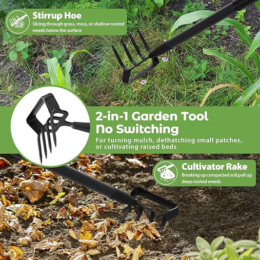 Garden Hoe, 2 in 1 Heavy Duty Stirrup Hoe and Cultivator for Weeding, Sharp Blade, 76 inch Long Handle, Lightweight Stand Push-Pull Hula Hoes Weeding Rake for Grass Removal, Aerating, Cultivating
