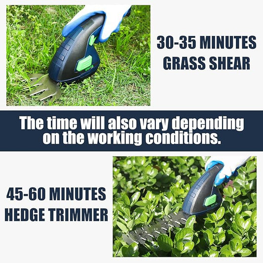 ZEITE 7.2V Grass Shear & Shrubbery Trimmer, 2-in-1 Cordless Grass Cutter and Mini Hedge Trimmer, Rechargeable Li-ion Battery and Charger,Long Handle,Versatile Garden Tool for Grass & Bush Trimming