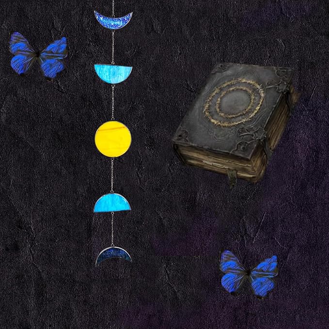 Celestial Blue Stained Glass Sun and Moon Window Hanging Handmade Stained Glass Suncatcher Boho Home Decor Sun Catcher for Indoor Window Panel Mystic Gift for Women
