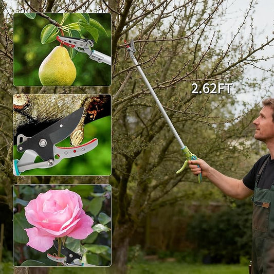 GARTOL Cut & Hold Long Reach Pole Pruner, 32 Inch Lightweight Tree Trimmer Long handle Pruner, Cuts up to 1/2 Inch, One-Hand Use Garden Pruning Shears for Branches Trimming, Fruit Picking