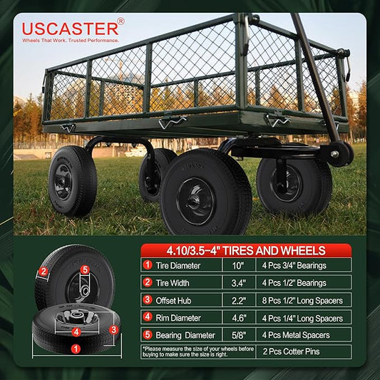 4.10/3.50-4 Tire and Wheel Flat Free,10-Inch Solid Wheel Replacement with 5/8 Extra 3/4 &1/2 Bearings,2.2" Offset Hub -Compatible with Hand Truck,Wheelbarrow,Dolly(Wave,Black)
