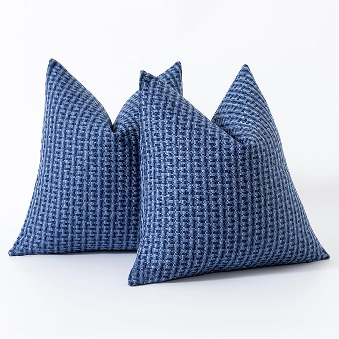 Kevin Textile Outdoor Waterproof Throw Pillow Covers Pack of 2 Weaving Texture Water Resistant Outside Decorative Cushion Covers for Garden Patio Tent Balcony Bench Couch Sofa 18x18 Inch, Navy Blue