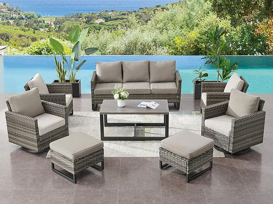 HUMMUH 8 Piece Patio Furniture Set All Weather Wicker Outdoor Sectional Sofa with Patio Chairs,Patio Swivel Glider Chairs Ottomans Coffee Table for Porch,Garden,Backyard
