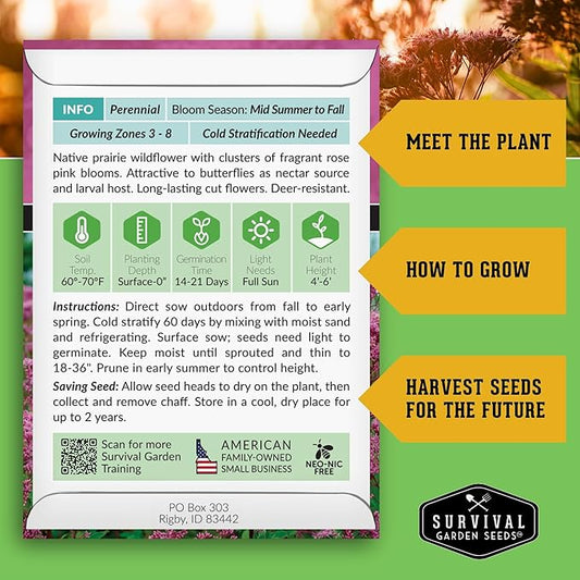 Survival Garden Seeds - Spotted Joe Pye Weed Seeds for Planting | Eutrochium maculatum | Butterfly Magnet | Perennial North American Native Wildflower - 1 Pack