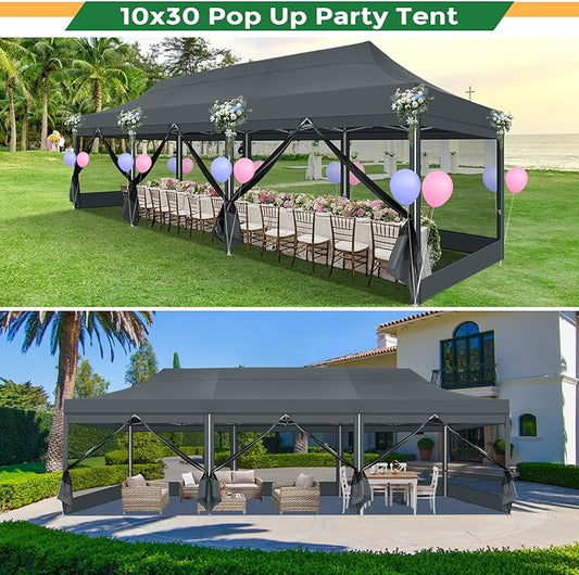 COBIZI 10x30 Heavy Duty Pop Up Canopy Tent with 8 Sidewalls, Commercial Gazebo Party Tent with Mosquito Netting Wall Easy Set Up Outdoor Instant Screen Tent for Backyard, Patio, Garden, Gray