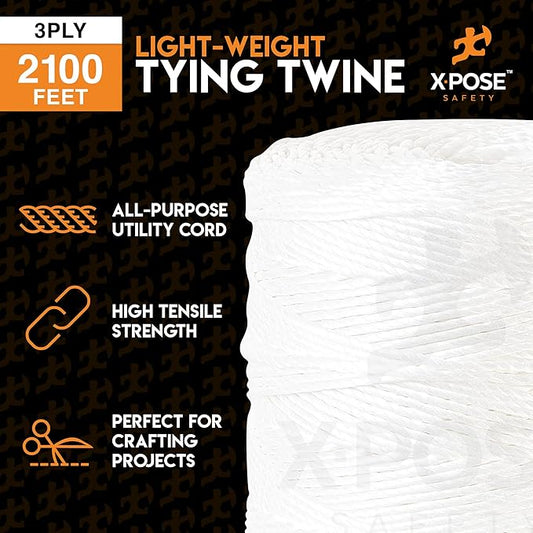 Polypropylene Tying Twine - 3 Ply White Plastic Poly String 2800' Roll - Soft On Hands - Heavy Duty Outdoor & Indoor Tie Line - Baling, Shipping & Bundling Twine, Packaging Rope 4 Pack