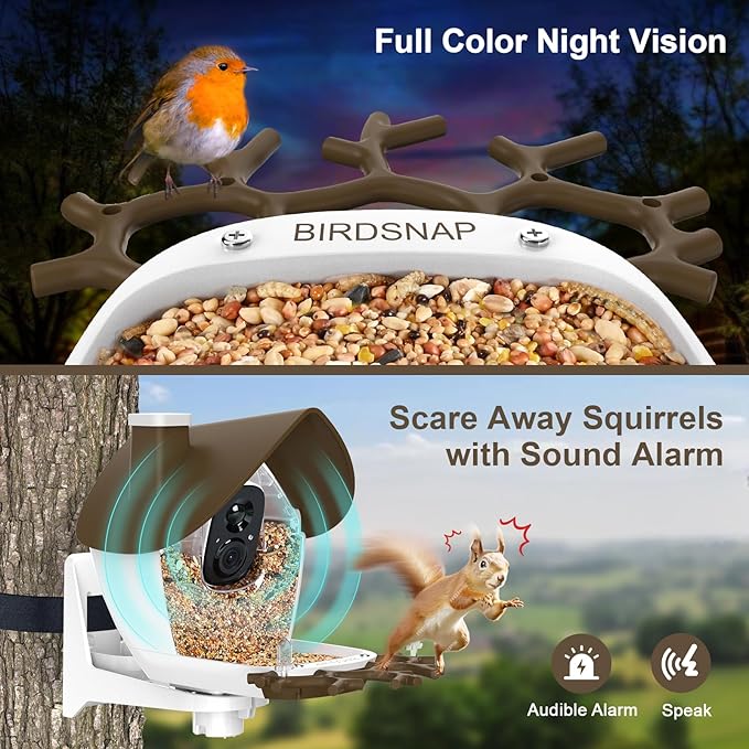 birdsnap® P33 - Bird Feeder with Camera Solar Powered, 2K Video Bird Camera Feeder Live with 32GB Card, AI Identify Feather Species, Auto Record in Backyard, for Birds Lover
