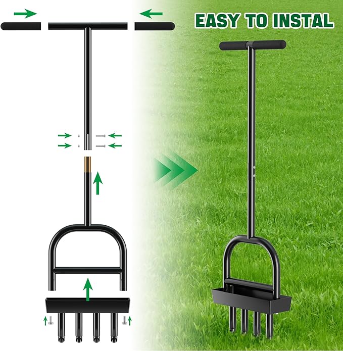 Lawn Aerator Coring Tool with Soil Core Storage Tray,4 Tine Stainless Steel Manual Garden Plug Aerator for Yard Grass,Lawn Coring Aeration for Soil Aeration,Lawn Care Cleaning,Compacted Soil(Black)