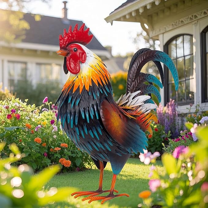 Rooster Garden Statue Sculpture Metal Chicken Yard Decor Outdoor Figurines Patio Backyard Decoration (Yellow)