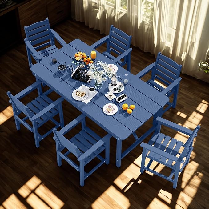 7 Piece Patio Dining Set with 11ft Patio Umbrella (Royal Blue), 7 Navy Outdoor HDPE Dining Set with 6 Chairs + 1 Large Table, for Market, Pool, Garden, Backyard, Deck