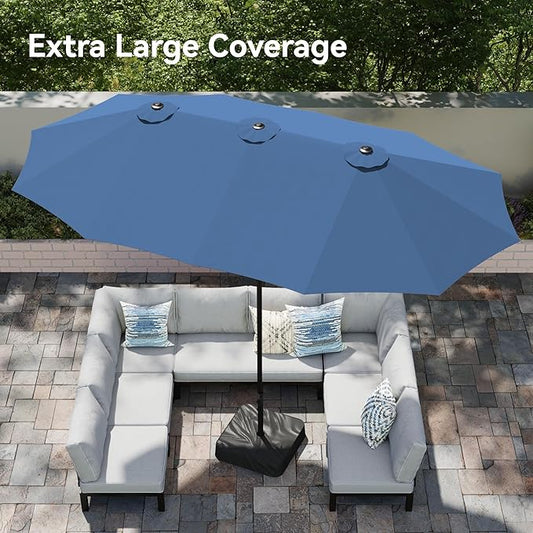 PHI VILLA 15ft Large Patio Umbrellas with Base, Outdoor Double-Sided Rectangle Market Umbrella for Pool Lawn Garden, Haze Blue