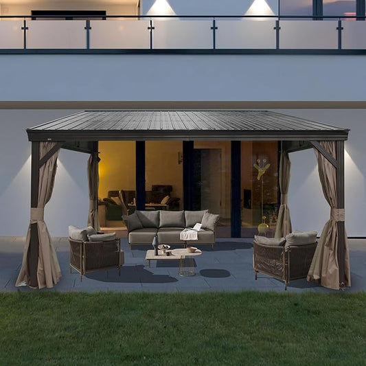 12’ x 14’ Lean to Gazebo, Outdoor Wall Mounted Gazebo Aluminum Frame, Hardtop Pergola with Galvanized Steel Sloping Roof for Patio Deck Garden Backyard, Curtain and Netting Included