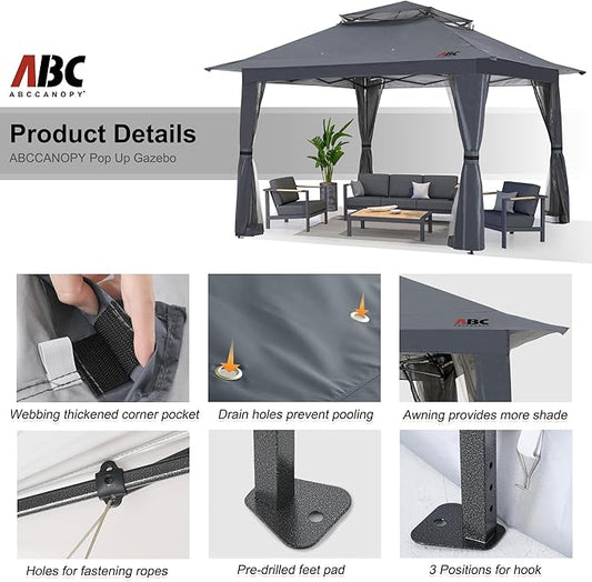 ABCCANOPY 13x13 Pop Up Gazebo, Outdoor Canopy Tent, Instant Screened Shelter with Mosquito Netting for Patio, Garden, Backyard, Party, Camping (Dark Gray)