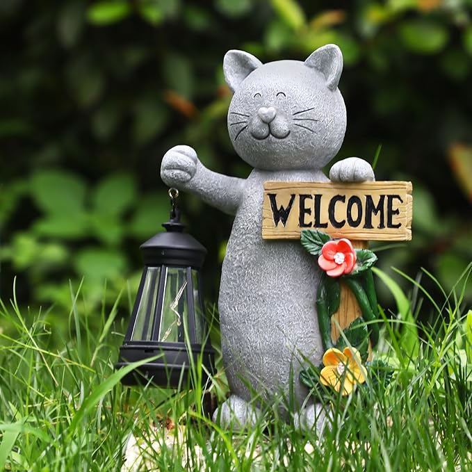 Json Garden Statue Solar Cat Figurine with Lantern, Solar Garden Decorations Statues for Patio, Balcony, Yard Ornament, Unique House Warming Gifts Figurine Lights, Gifts for Women, Mom