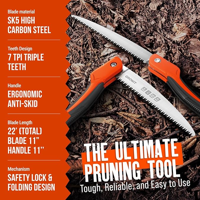 9-Inch Folding Camping Saw - Heavy Duty Pruning Saw with Triple-Cut SK5 Blade, 7 TPI Razor Teeth for Tree Trimming, Wood Cutting, Camping, Bushcraft, and Gardening Work
