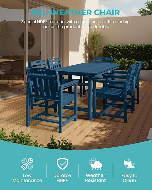 HDPE Outdoor Patio Dining Set with Table & 6 Chairs, All-Weather 7-Piece Outdoor Table and Chairs, 2" Umbrella Hole, Patio Furniture for Garden, Backyard, Deck | Navy Blue