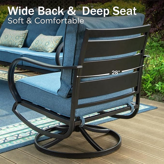 PHI VILLA 4 Piece Patio Furniture Sets for 5 Person with 1 x 3-Seat Deep Seating Bench, 2 x Cushioned Swivel Sofa Chairs & 1 x Coffee Table, Outdoor Metal Conversation Set for Lawn Garden, Navy Blue