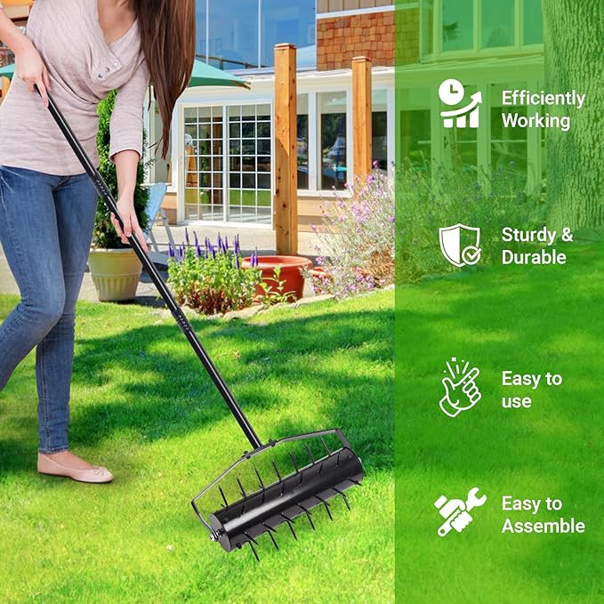 18 Inch Heavy Duty Rolling Lawn Aerator, Adjustable Weight Manual Roller Lawn Aerator Tool ,Heavy Duty Outdoor Manual Garden Lawn Tool for Yard Garden