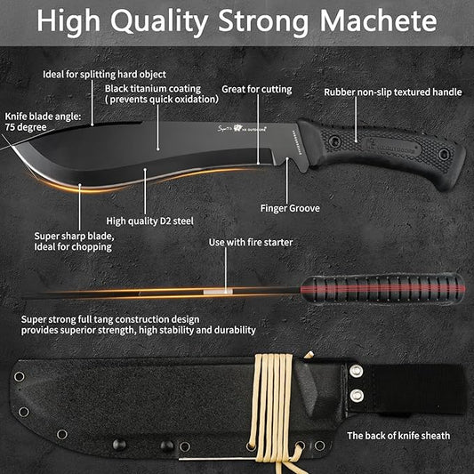 HX Outdoors 14 Inch Bush Machete Kukri Knife, Premium D2 Steel Full Tang Gardening Machete Knife with Kydex Sheath for Outdoor, Camping, Clearing Brush (Black)