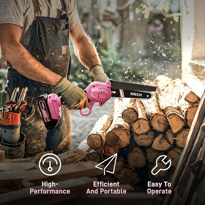 Cordless Mini Chainsaw 21V,6In Electric Chainsaw,Handheld & Portable Power Chain Saw for Tree Trimming Pruning Garden & Yard Work,2 Battery Chain Saw Gifts for Men Women Dad Pink