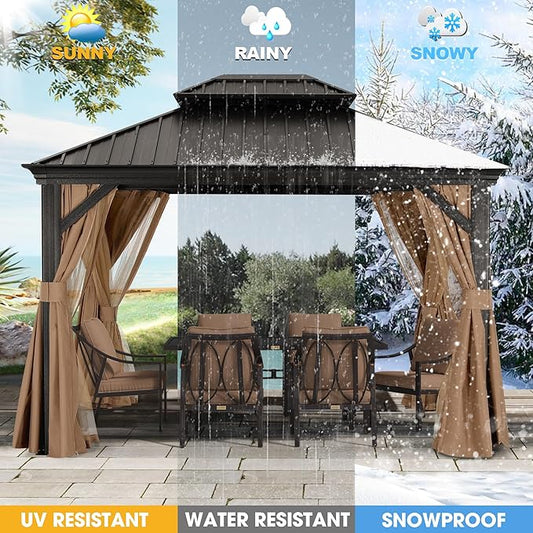 ABCCANOPY Hardtop Gazebo 10x12 - Outdoor Metal Hard Top Gazebo, Permanent Galvanized Steel Aluminum Framed Pavilion with Netting and Curtain for Patio Backyard Lawn Garden (Double Roof, Khaki)