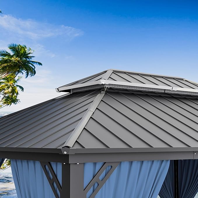 12’x20’ Hardtop Gazebo Outdoor Aluminum Frame Permanent Gazebo Galvanized Steel Double Roof Gazebos with Nettings and Curtains for Patio, Lawns,Backyard, Deck(Navy)