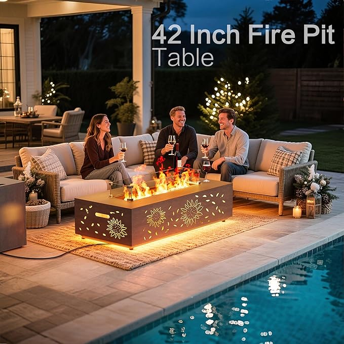 42" Outdoor Fire Pit Table, 50,000 BTU Gas Fire Pit with Glass Wind Guard, Fire Stones, Waterproof Cover, Propane Fire Pit Table for Outside Patio, Hollow-Out (Sunflower, Brown)
