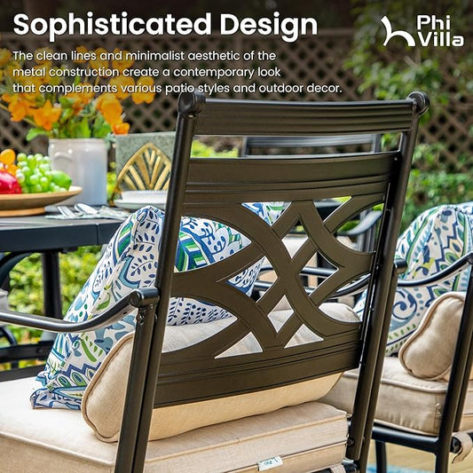 PHI VILLA Outdoor Patio Dining Set for 4 People with 10ft 3-Layer Auto-tilt Round Umbrella(Beige), Includes 4 Outdoor Chairs with Cushions and a Metal Square Table, Perfect for Garden, Lawn, or Deck