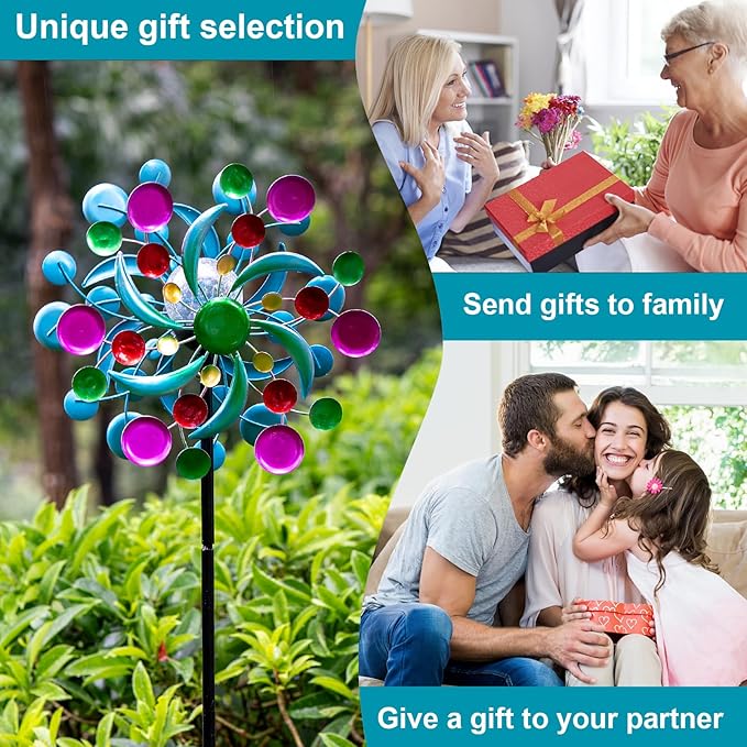 360° Wind Spinners Outdoor with Solar Lights Colorful Dots Garden Decor Yard Lawn Art Decor for Patio Kinetic Windmills 60.63'' H x 13.38'' Dia Unique Gifts for Friends and Family