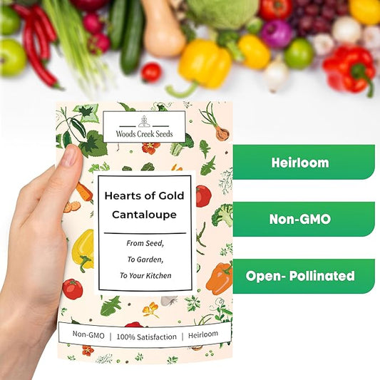 Woods Creek Seeds: Hearts of Gold Cantaloupe Melon Seeds for Planting - Over 90 Heirloom Non-GMO Cantaloupe Seeds for Planting - Beginner Friendly Fruit Seeds for Home Gardening