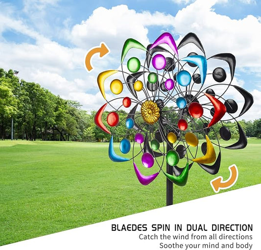 Viveta Kinetic Wind Spinner, 59 inch Outdoor Metal Windmills for Yard Garden, Double Wind Sculpture with Stable Stake, Multi-Color