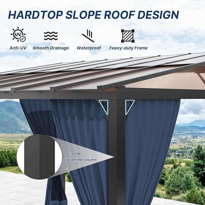 Gotland 10FTx14FT Outdoor Wall Mounted Hardtop Pergola, Metal Frame Gazebo with Sloping Sun Panel Roof and Double Curtains for Patio, Garden, Lawn, Navy