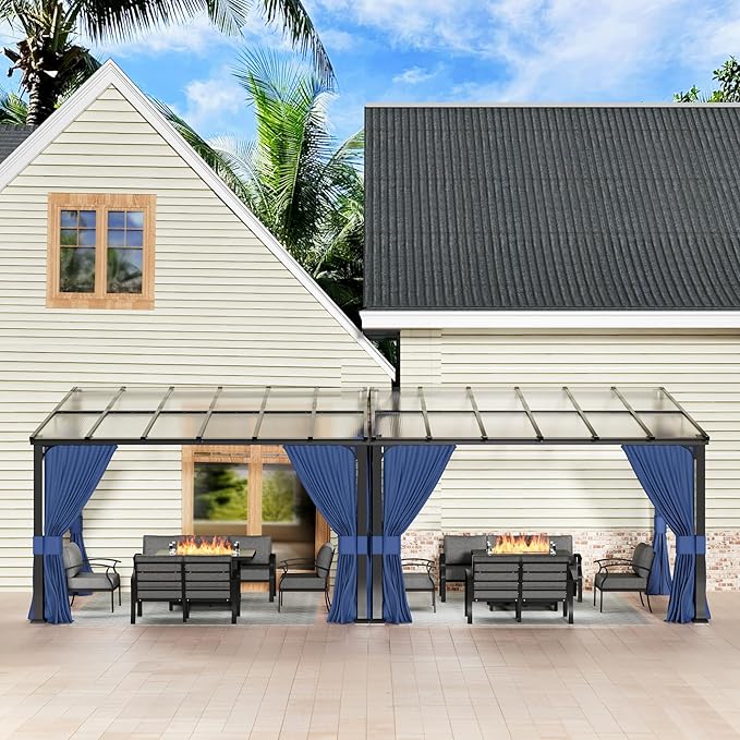 10’ x 24’ Gazebo for Patio,Wall Mounted Gazebo with Sloping Polycarbonate Roof,Aluminum Frame Outdoor pelgole w/Netting & Curtain for Garden,Backyard,Navyblue