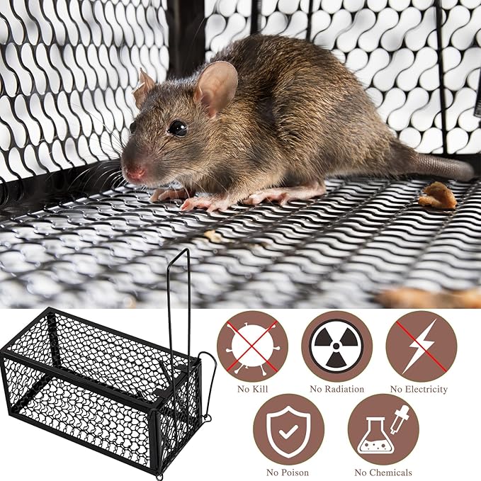 Qualirey 4 Pcs Humane Rat Trap Chipmunk Rodent Mouse Squirrel Trap Small Live Animal Mouse Voles Hamsters Live Cage Rat Cage for Mice Easy to Catch and Release (9.1 x 4.5 x 4.5 Inches,Black)