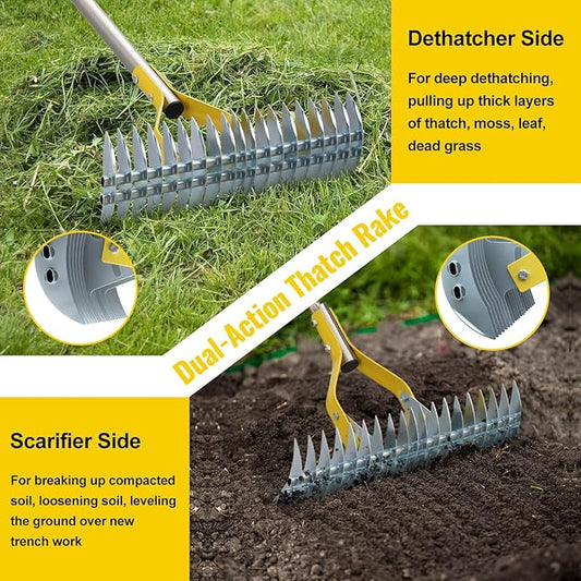 2 in 1 Rake: Stainless Steel Garden Rake for Leaves,Thatch,55” Heavy Duty 19 Tines Lawn Manual Dethatcher with Adjustable Head,Thatching Rakes for Lawn Yard Grass, Debris Removal, Soil Loosening